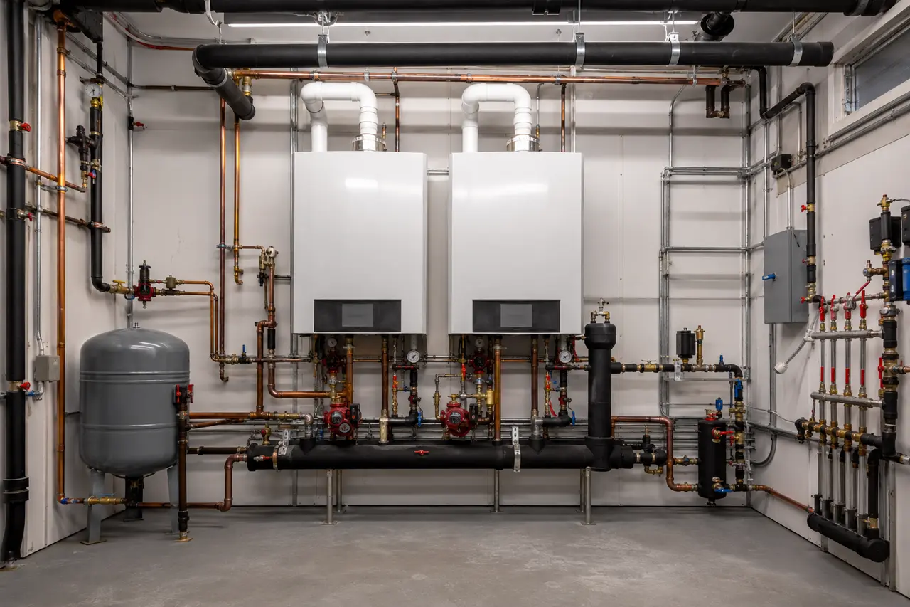 Commercial boiler room with boilers, pumps, piping, and system controls