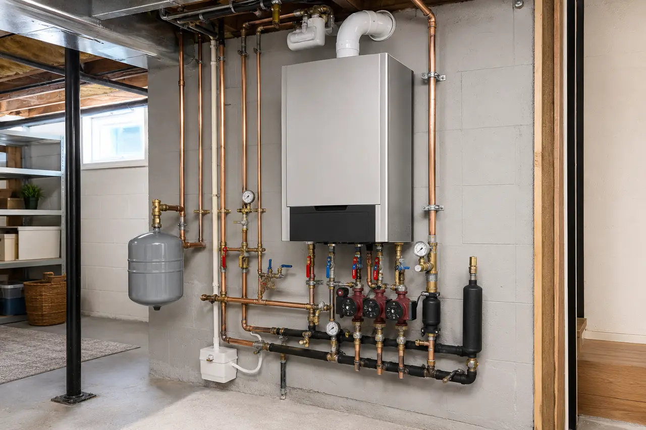 Residential boiler and water-heating system with accessible service piping