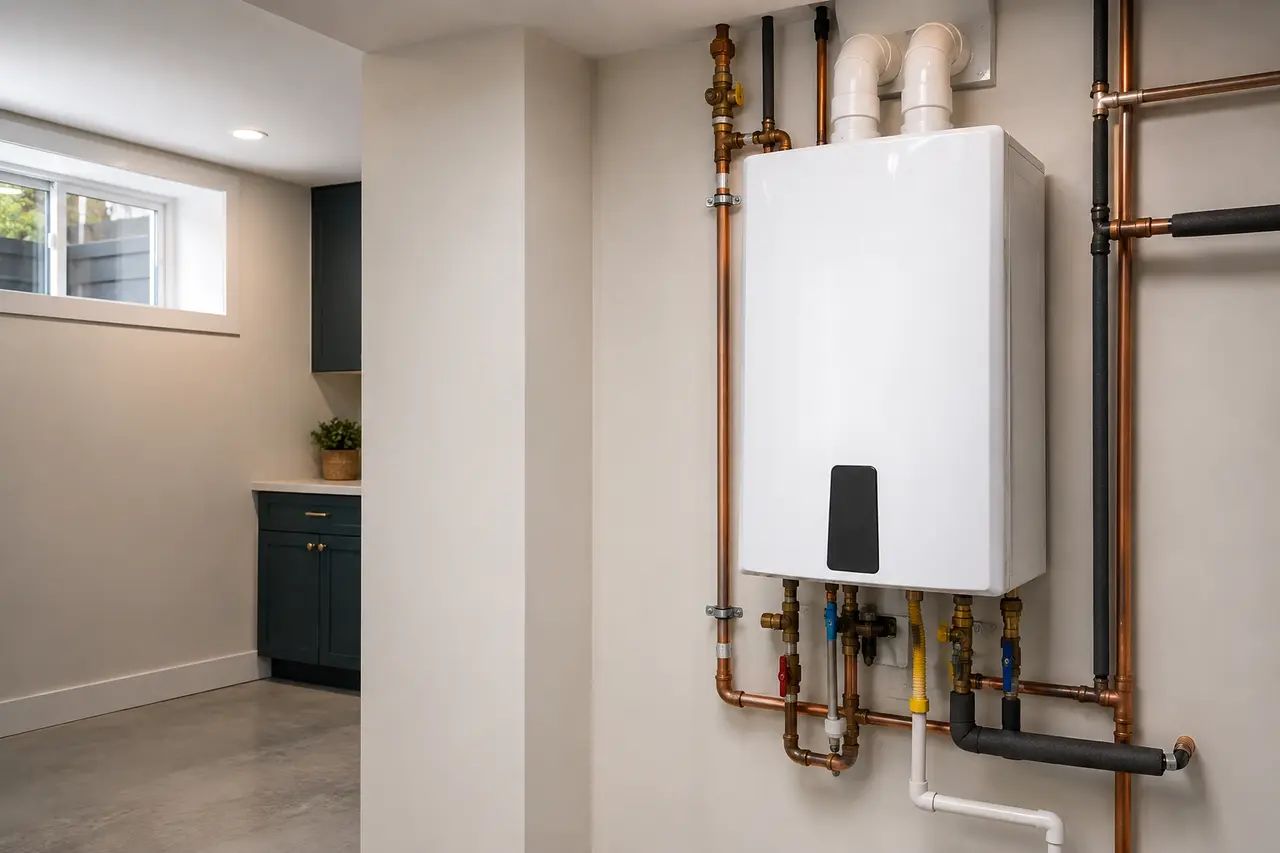 Tankless water heater installed with visible isolation and service piping